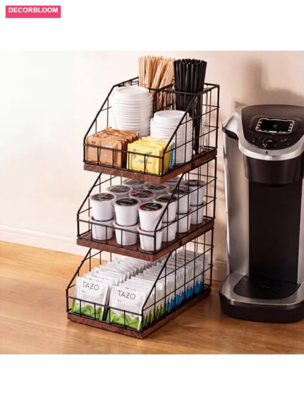 Coffee Bar Organizer 3 Tier Metal Mesh & Wood Shelf Countertop Storage